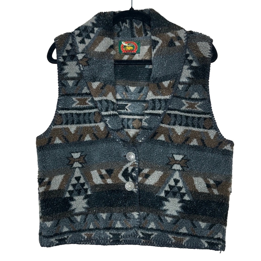 Alps‎ VTG Southwestern Fleece Vest Shawl Collar Geometric Print Silver Buttons L